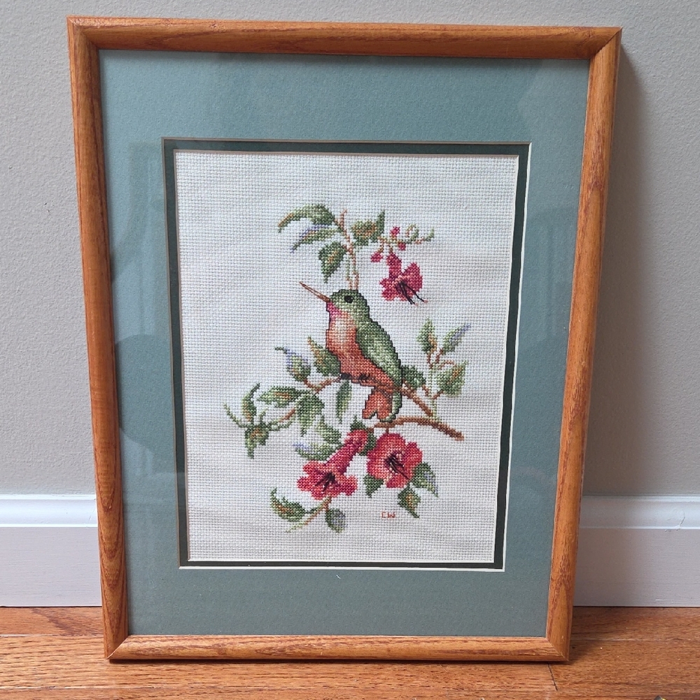 Framed Hummingbird Cross-Stitch Art